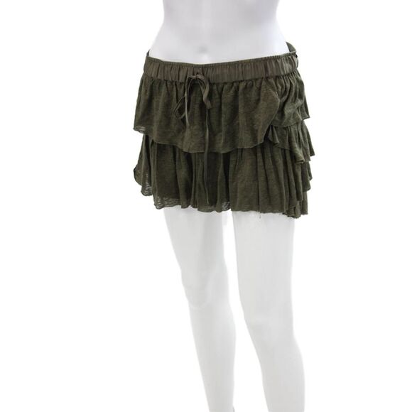 Flannel Womens Drawstring Tiered Ruffled Knit Short Green Linen Size 2 - Picture 2 of 7